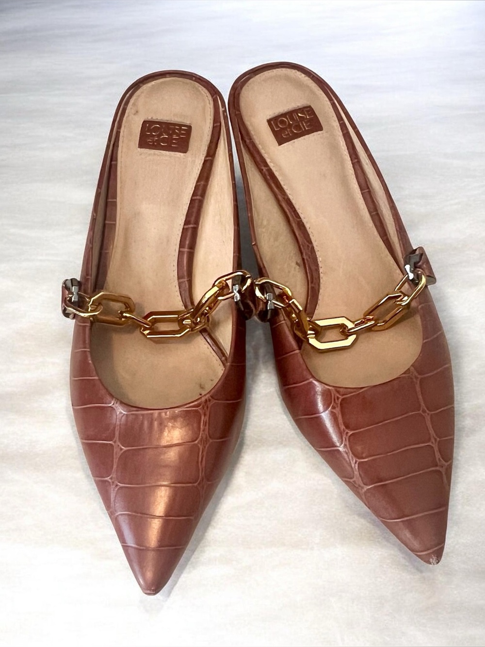 Louise et Cie Fiana Patent Leather Pointed Toe Mule with Chain Detail